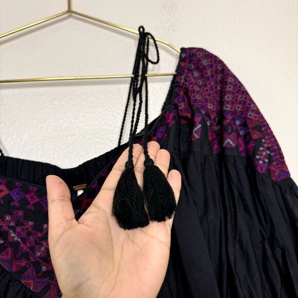 Free People Top XS Embroidered Vacay Vibin Boho Tassel Babydoll Cotton Hippie - Picture 9 of 10